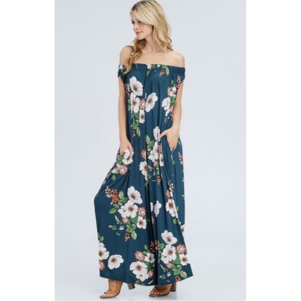Off Shoulder Floral Romper Jumpsuit  Teal  LG/NWOT Coquettecore